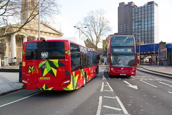 2 buses on the road