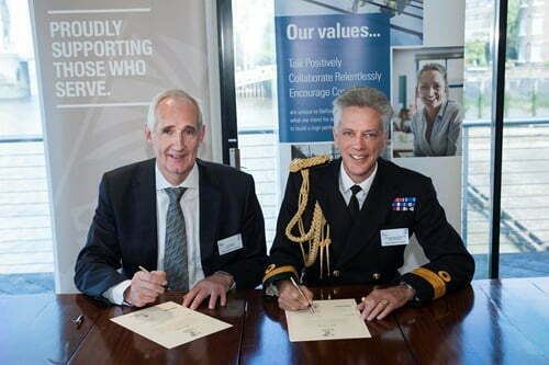 Balfour Beatty Group Chief Executive Leo Quinn and Commodore David Elford Royal Navy, Commander of Naval Forces East of England re-sign the Armed Forces Covenant