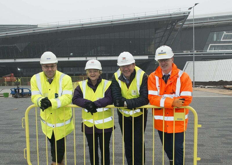 Councillor Jenny laing and Councillor Douglas Lumsden visited the new AECC to see how work has progressed on the multi million pound project. L-R Nick Harris, Director Henry Boot Development, Co Leaders Councillor jenny laing and Councillor Douglas Lumsden, Alistair Broadley, AECC Project manager,