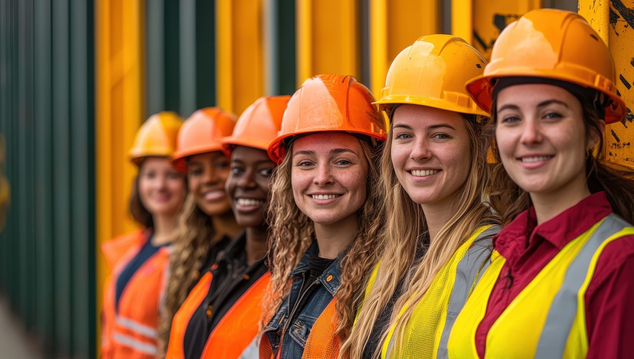 Diverse female construction workers in safety gear.