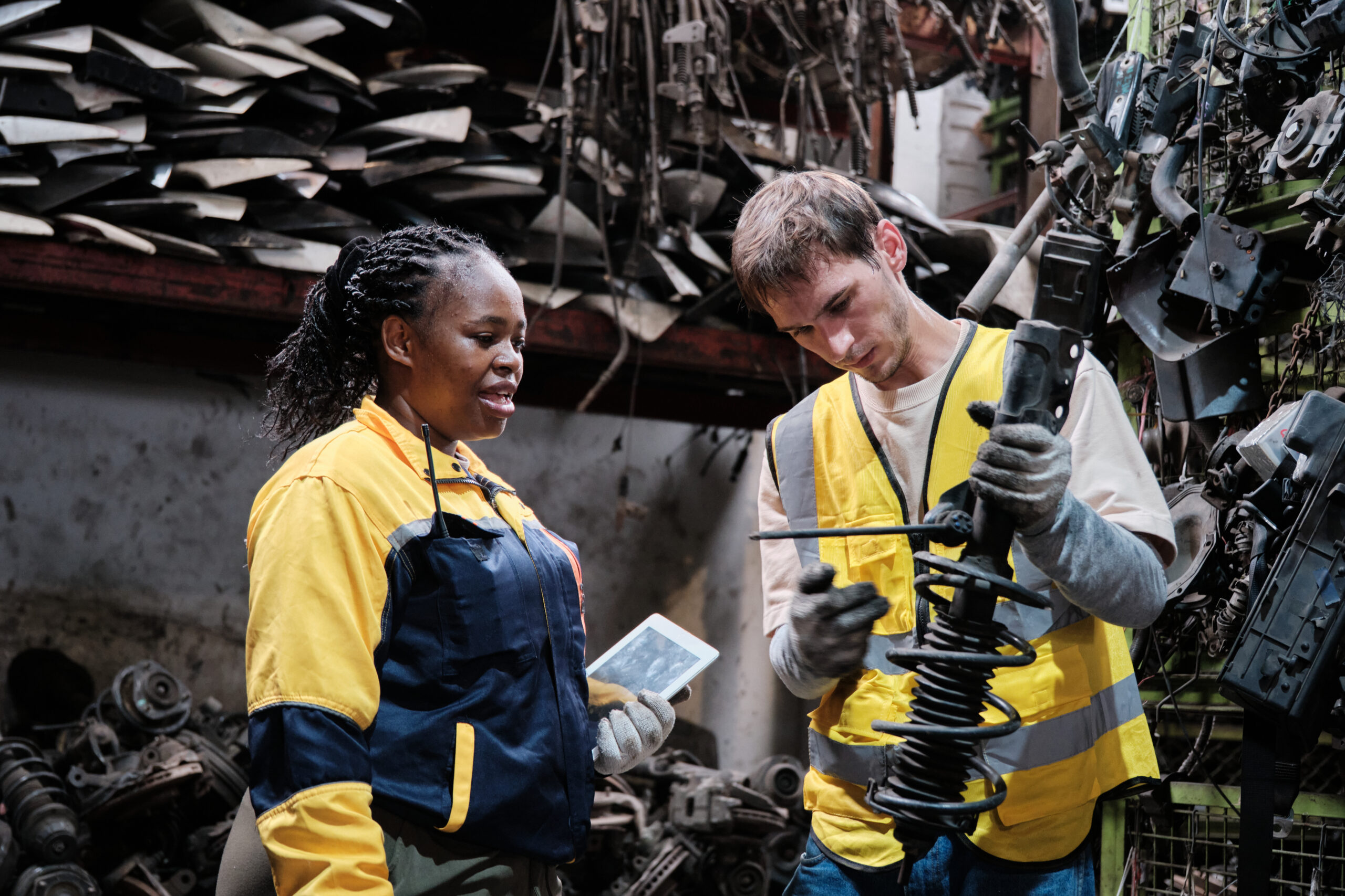 male worker checks auto-spare parts wearing a high-vis with a woman inspecting at a stack warehouse in a manufacturing factory