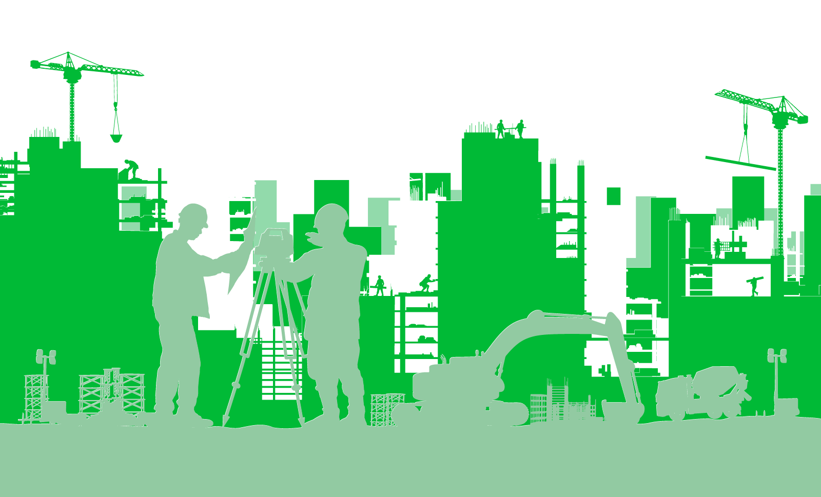 construction site in green with construction workers in light green showing a construction skyline hero image