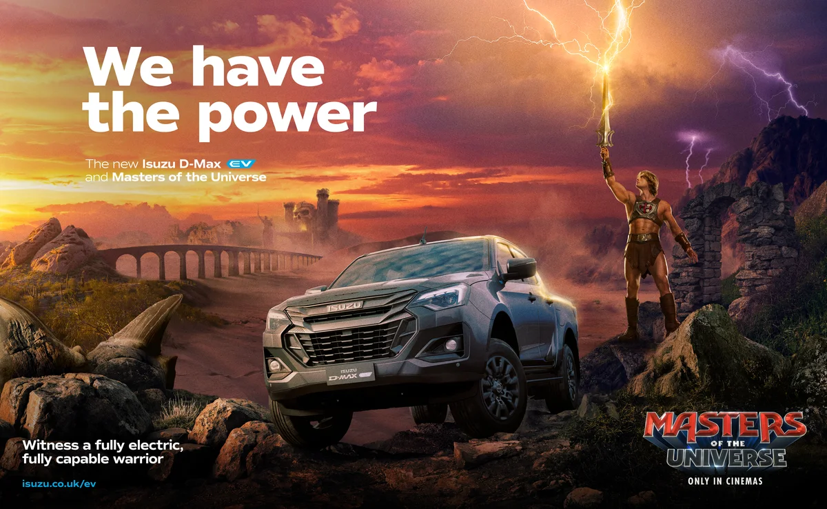 Isuzu x MOTU Partnership image promoting collaboration reading: 'We have the Power' & a silver Isuzu D-Max electric vehicle abandoned on some rocks