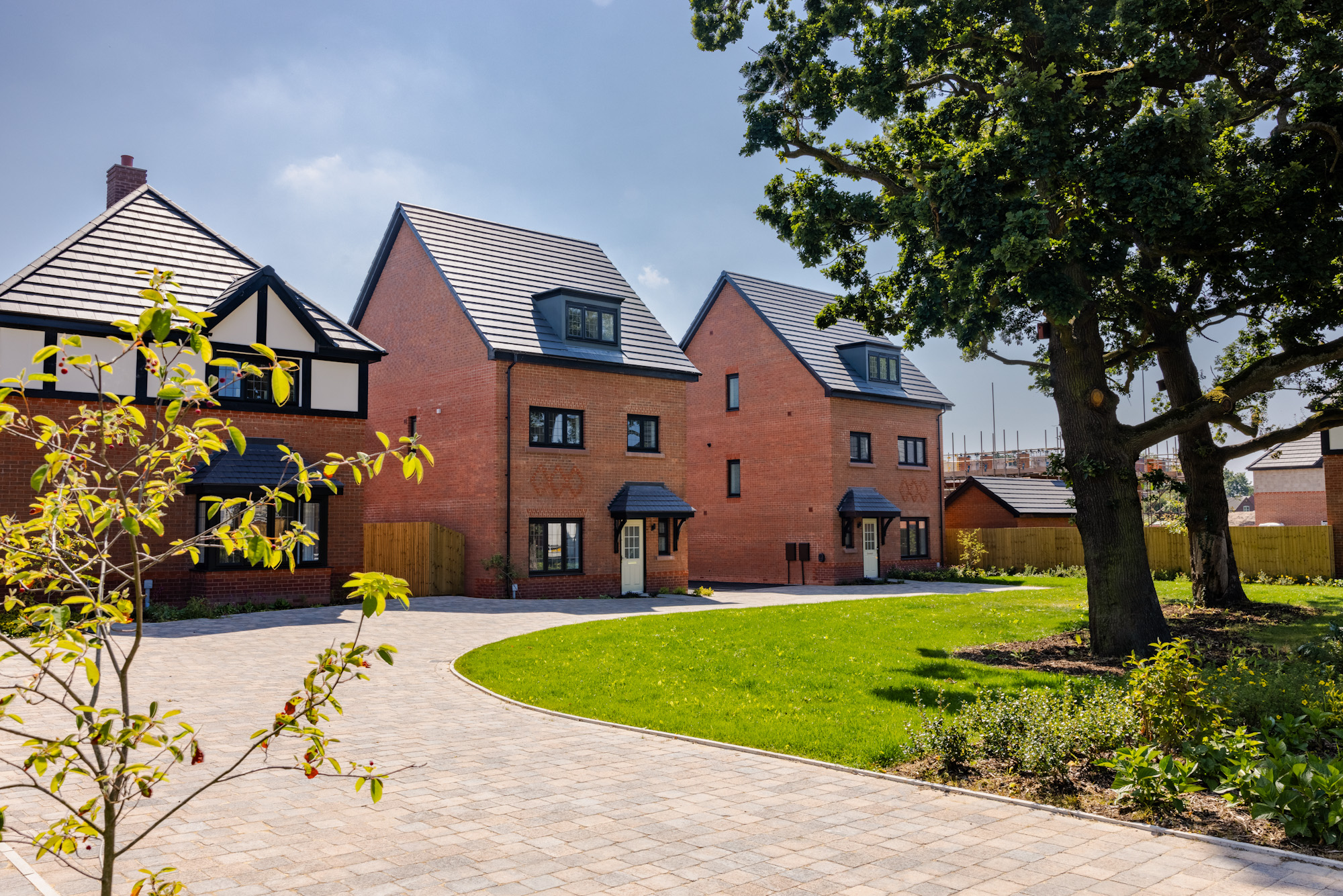 A brown path leading to three two-storey homes in a row on a housing estate with a grass verge and two established trees outside