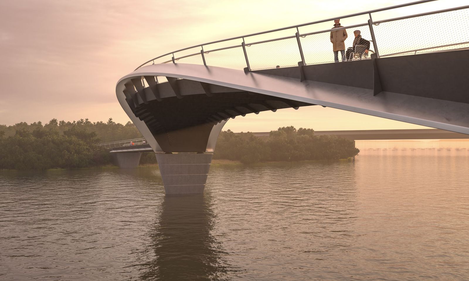 A new bridge across the River Taff, Cardiff, Moxon Architects and Arcadis at sunset, featuring one man standing on the bridge and another in a wheelchair