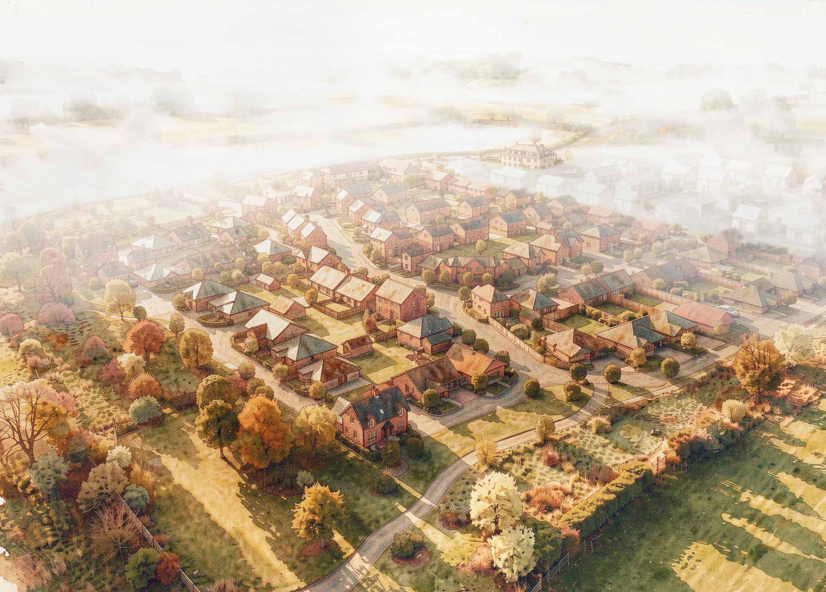 Birds eye view of an abstract housing estate, surrounded by a grass verge, partially masked by hazy clouds