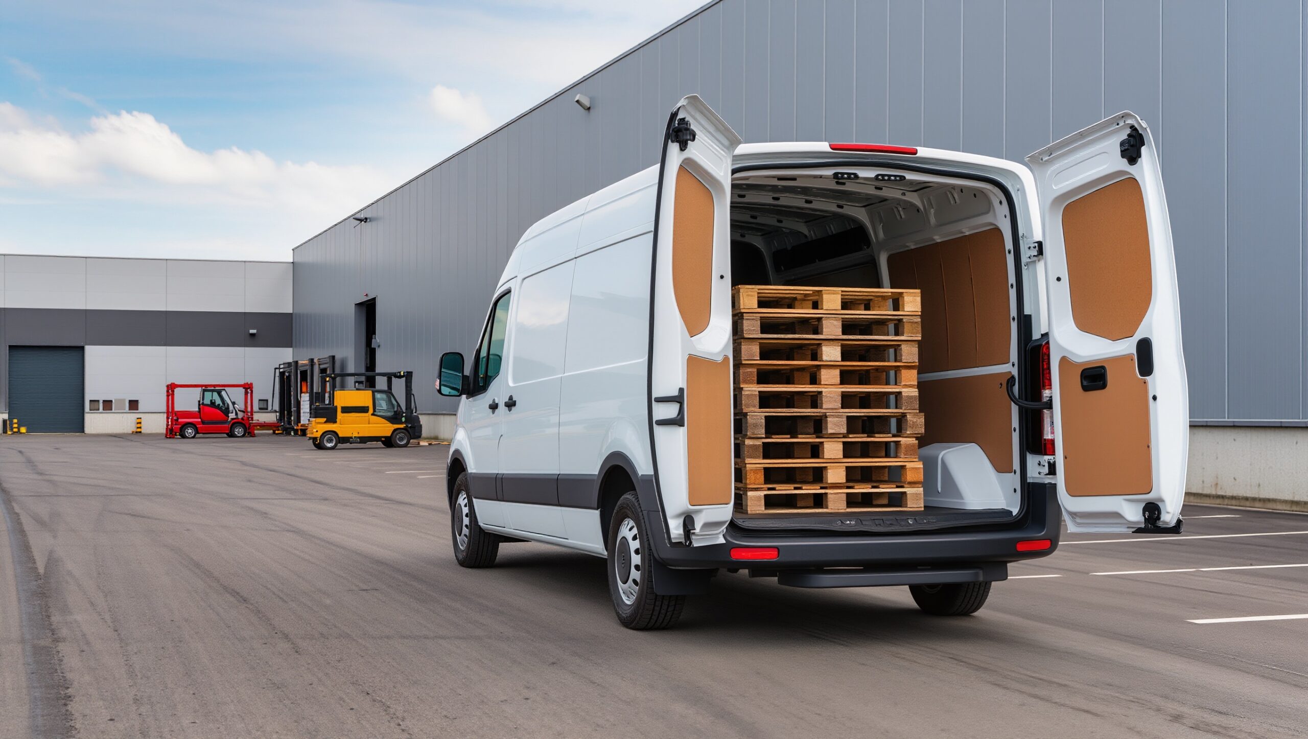 Industrial construction van with open rear doors displays empty wooden stacked shelves, suggesting theft