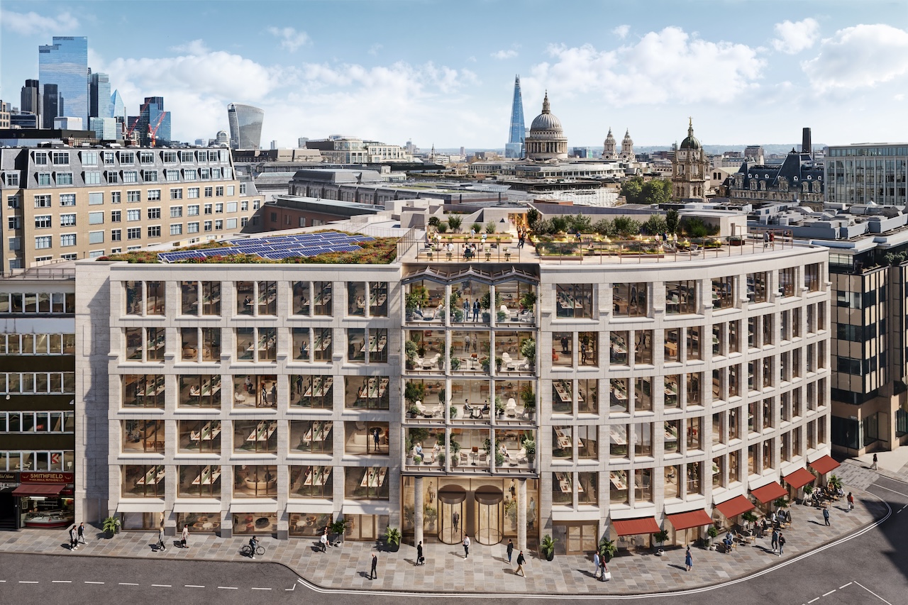 A birds-eye-view of an extended 6-storey building at 12 Smithfield, on a road with pedestrians outside on the pavement