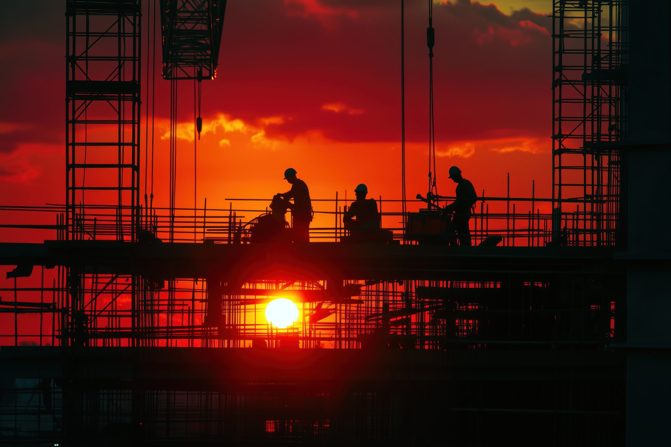 A silhouette of three workers working on the top of scaffolding amongst a dark red and orange rising sunset