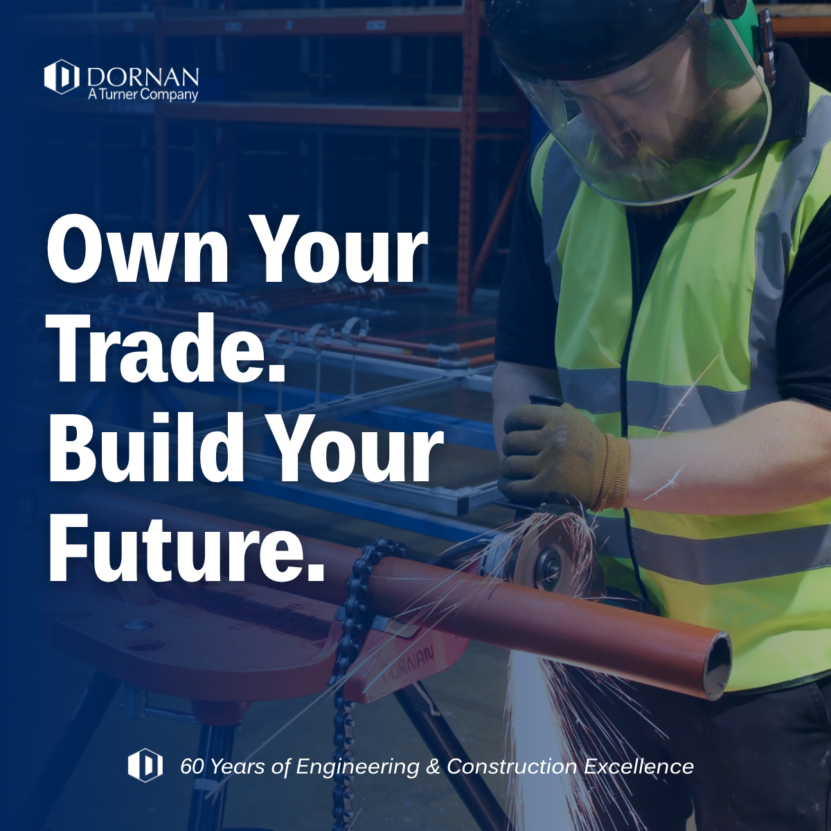 Promotional image for the Dornan company, showing a man with a face protector on, wearing a high-vis vest as he uses a chain saw in a workshop