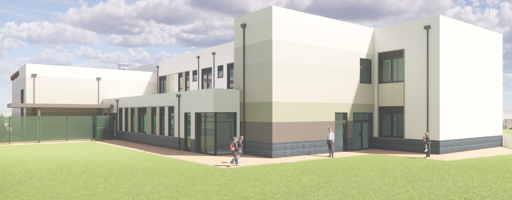 Garendon Primary School CGI image - a 2-storey building surrounded by green land