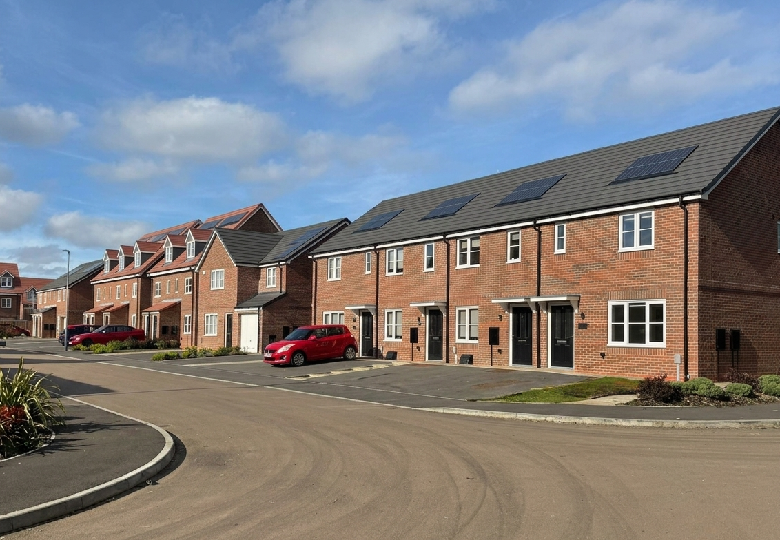 A row of houses with solar panels set back amongst a pavement