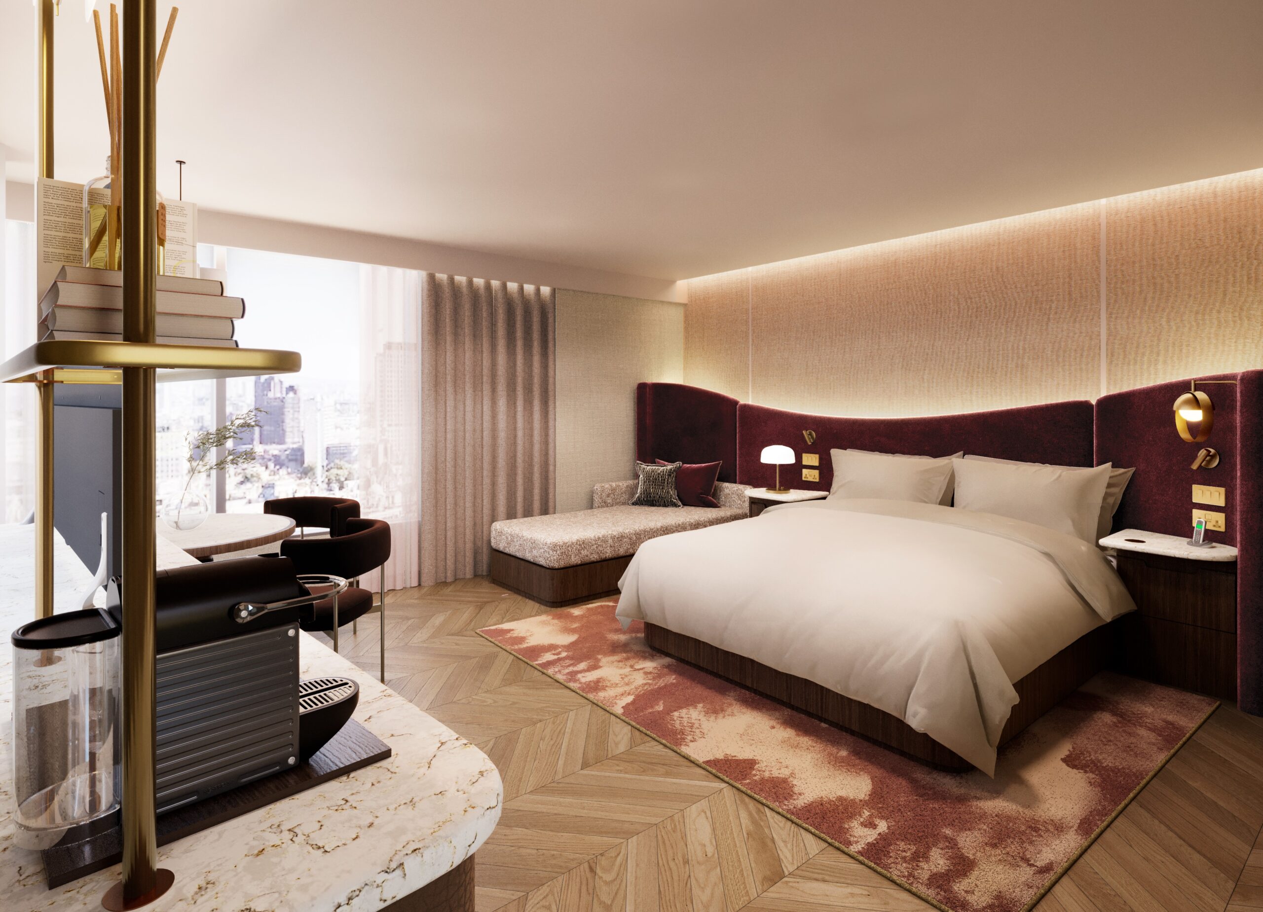 A long shot of the new bedroom as part of the new suite expansion of the Hilton London Bankside, showing a large double bed a large window floor to ceiling