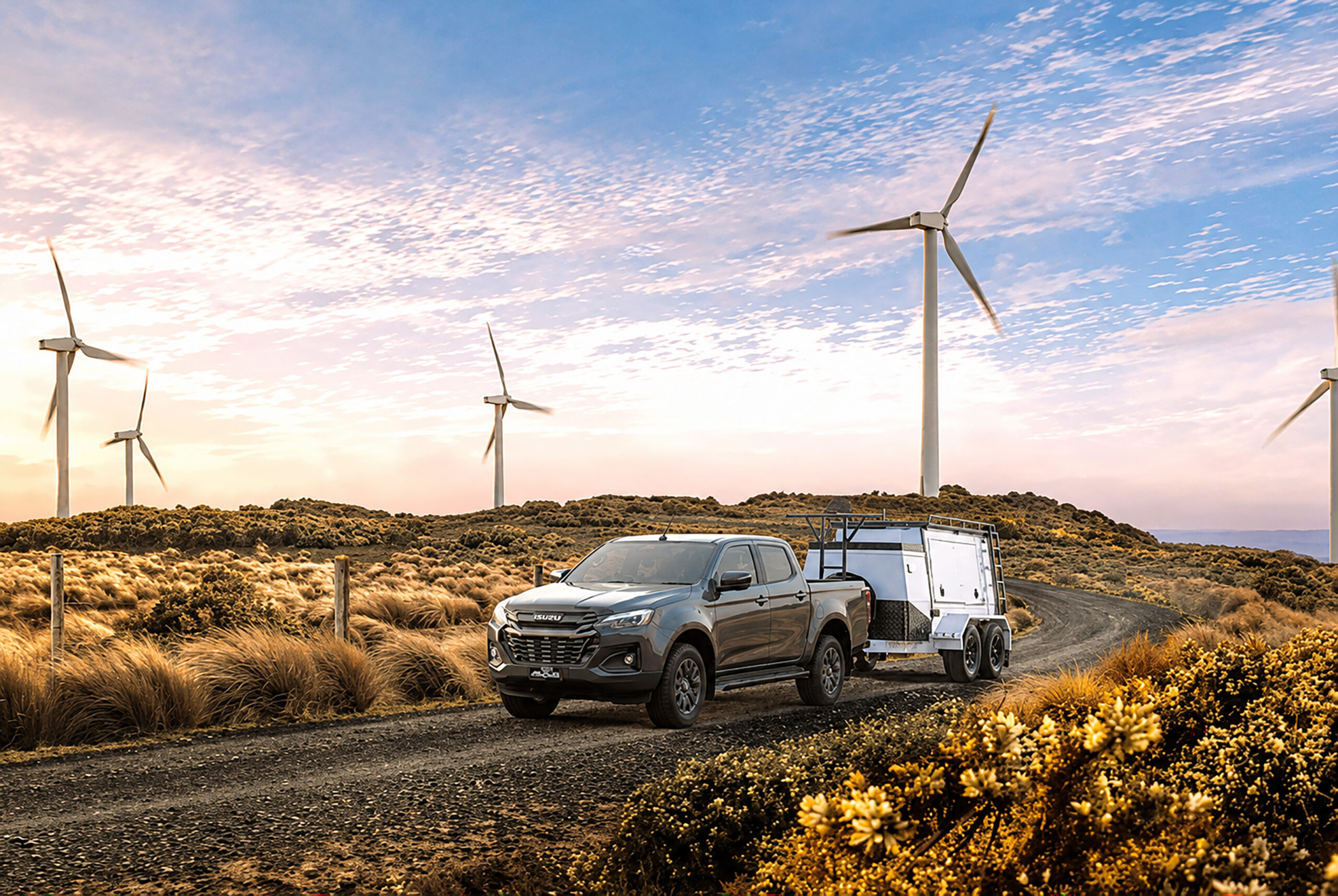 A car driving on an isolated road amongst a rural backdrop with white windmills in the distance