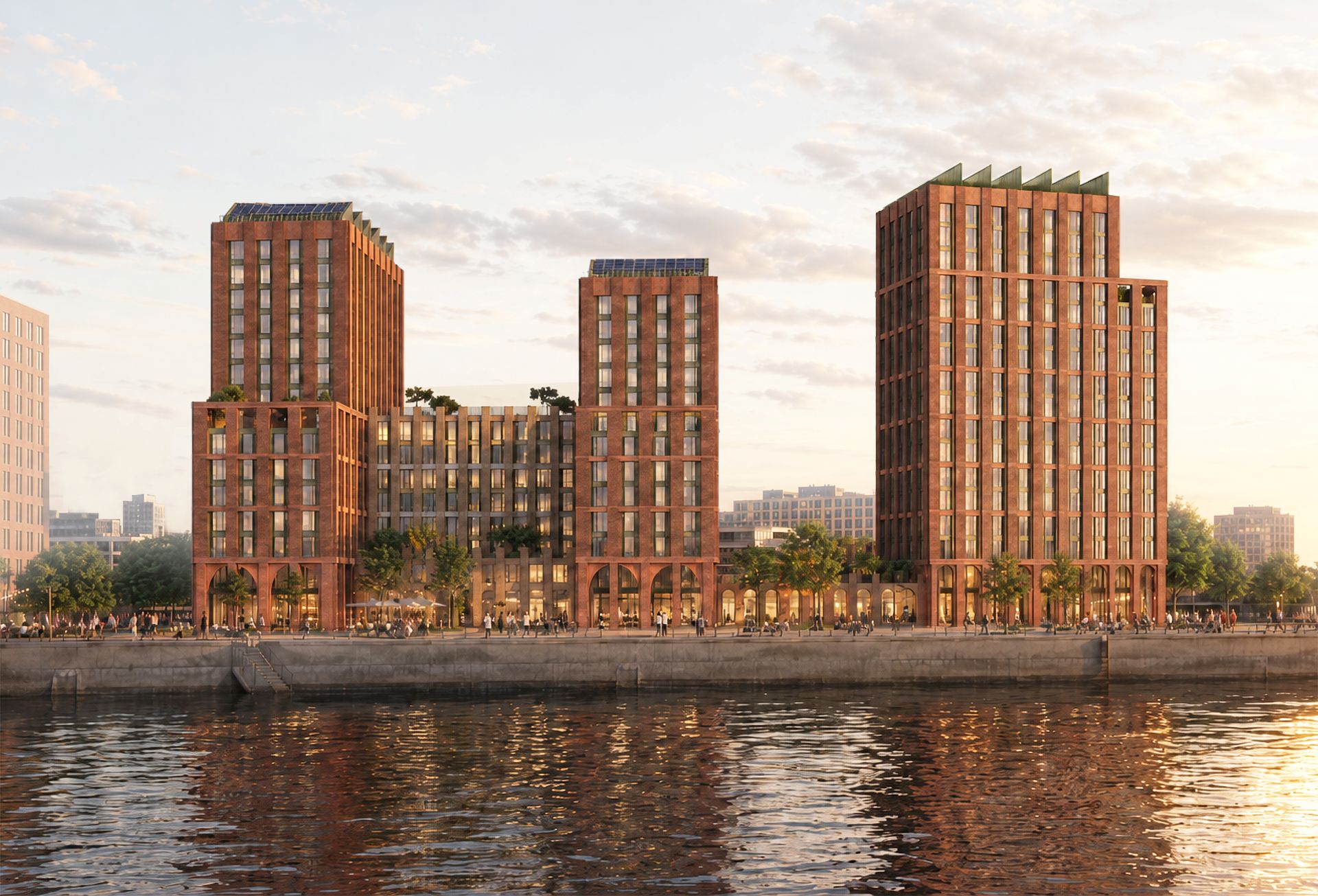 A long shot of the Yorkhill Quay in Glasgow, set back amongst the river with walking pedestrians