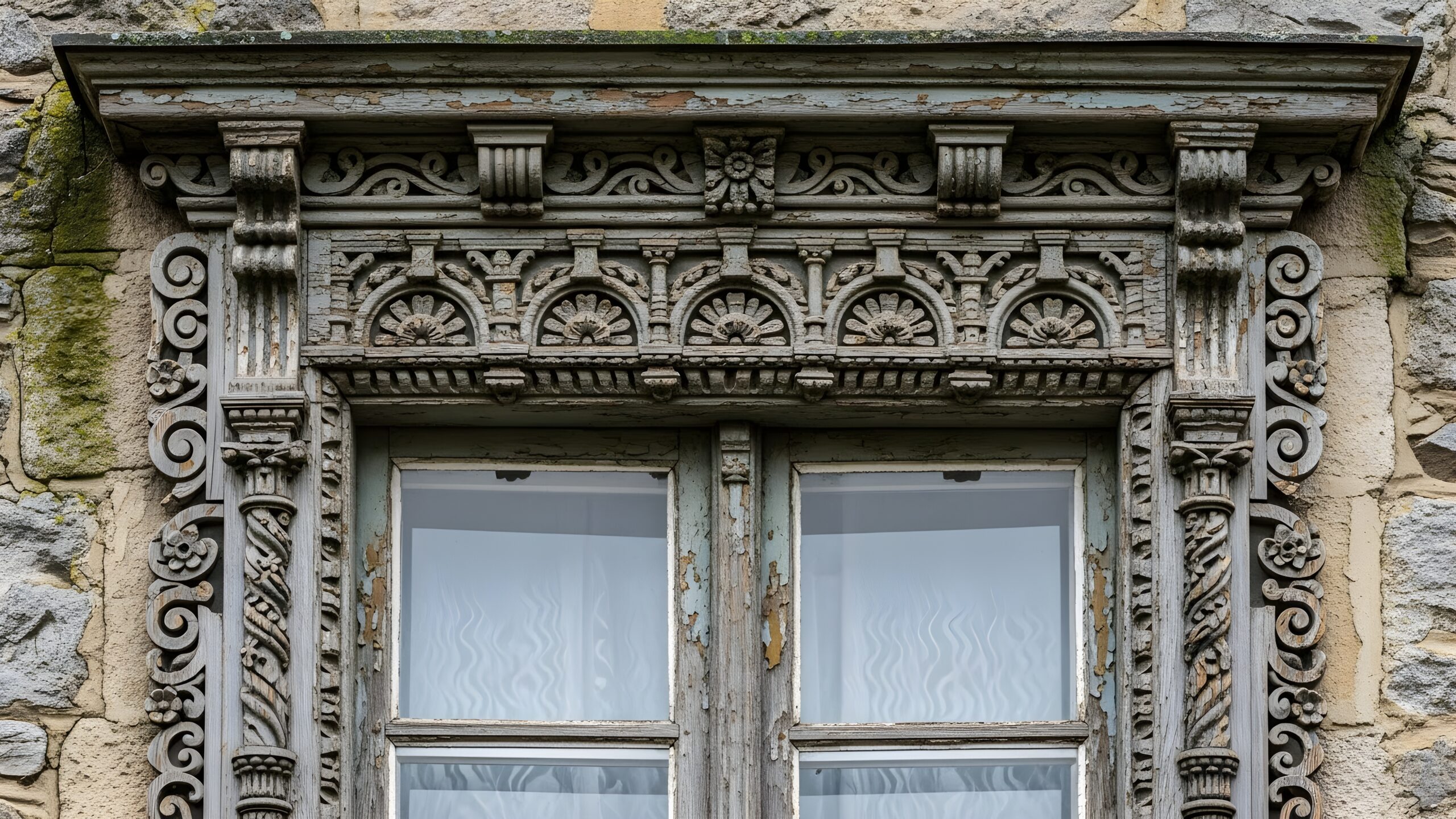 Intricate ornate wood trim decorates an antique window on a weathered stone wall