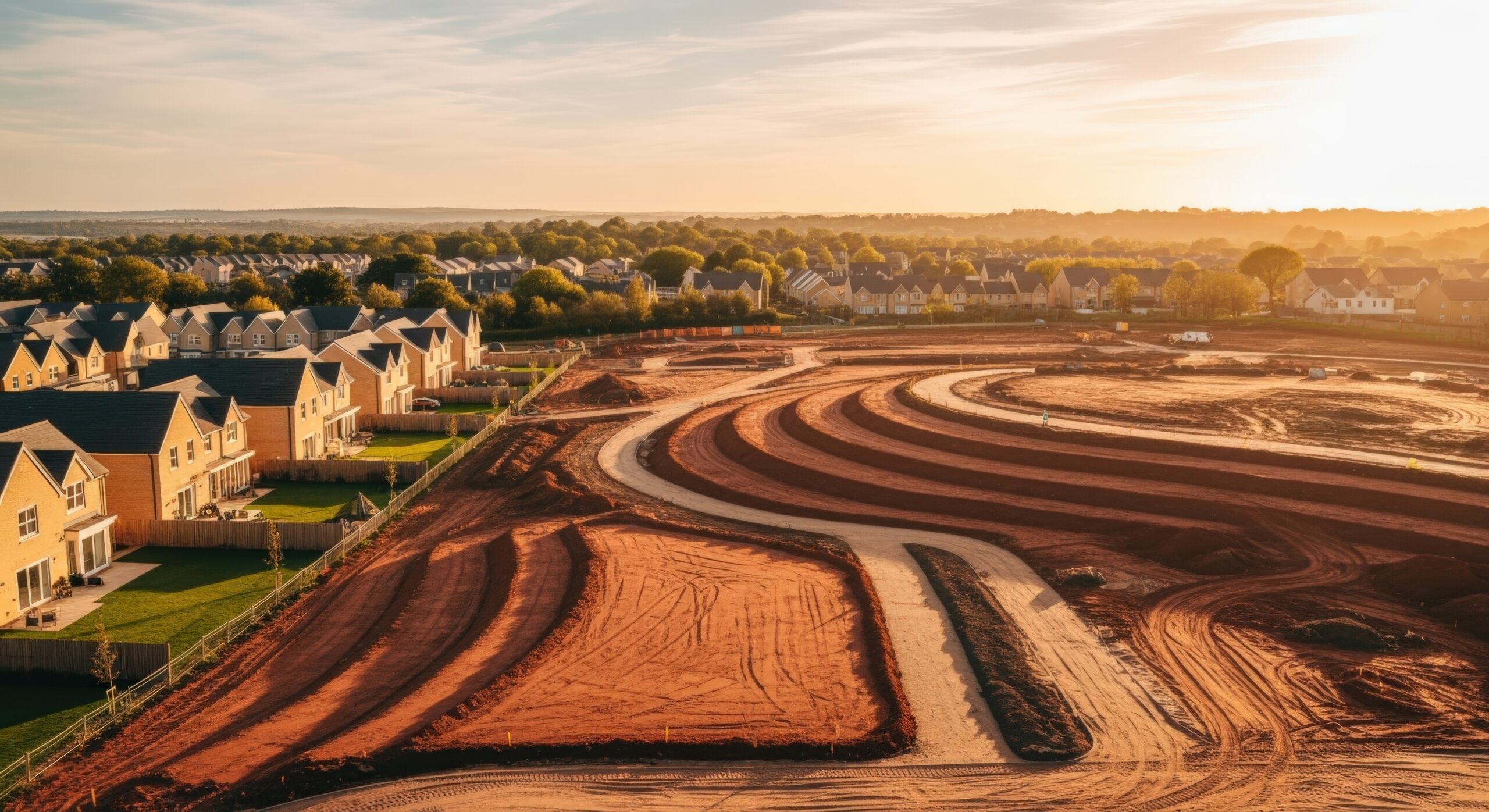Birds-eye-view of empty rural land with a sunset and surrounded by houses on the left