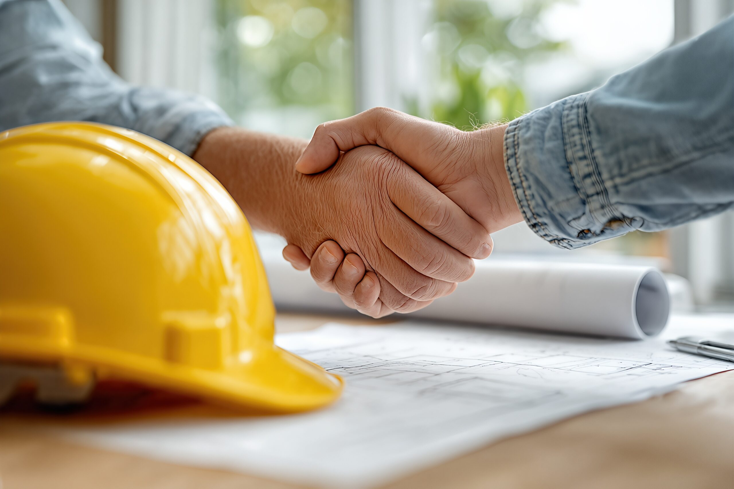 a close up of two people shaking hands over table, next to a hard, yellow construction hat