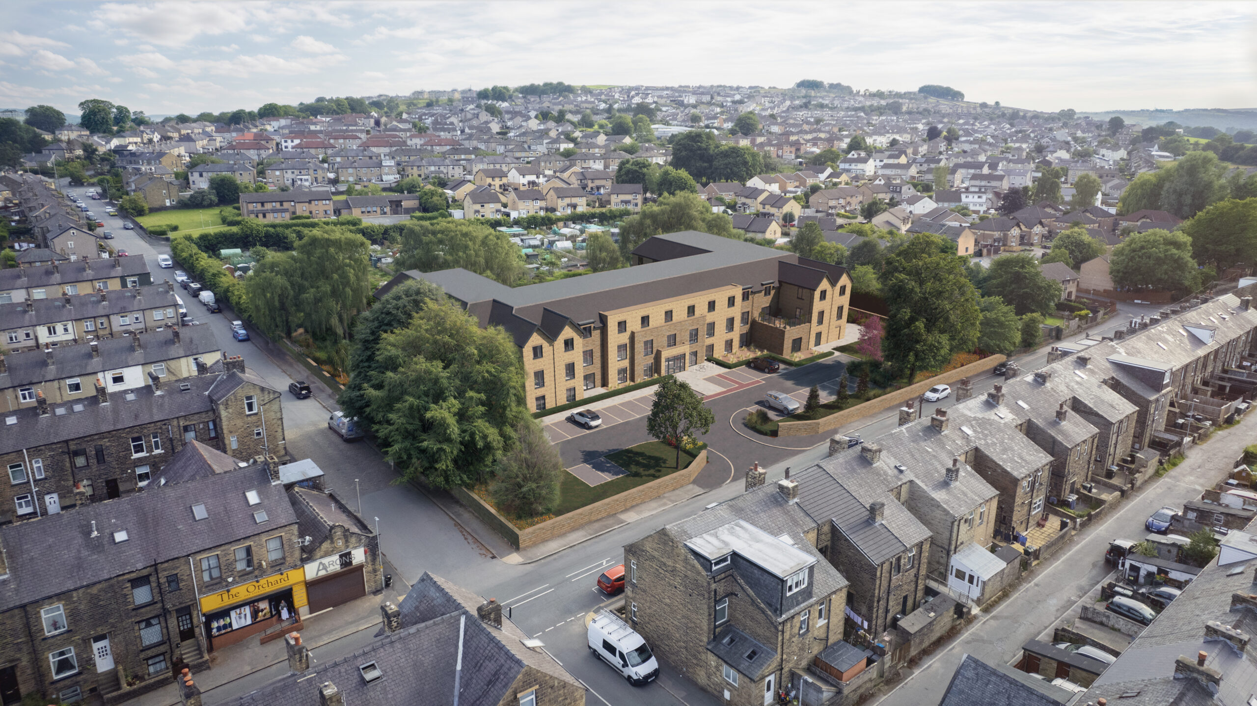 Birds-eye-view of the Yorkshire market town showing a CGI of the new care home - image credit: We Are CGI