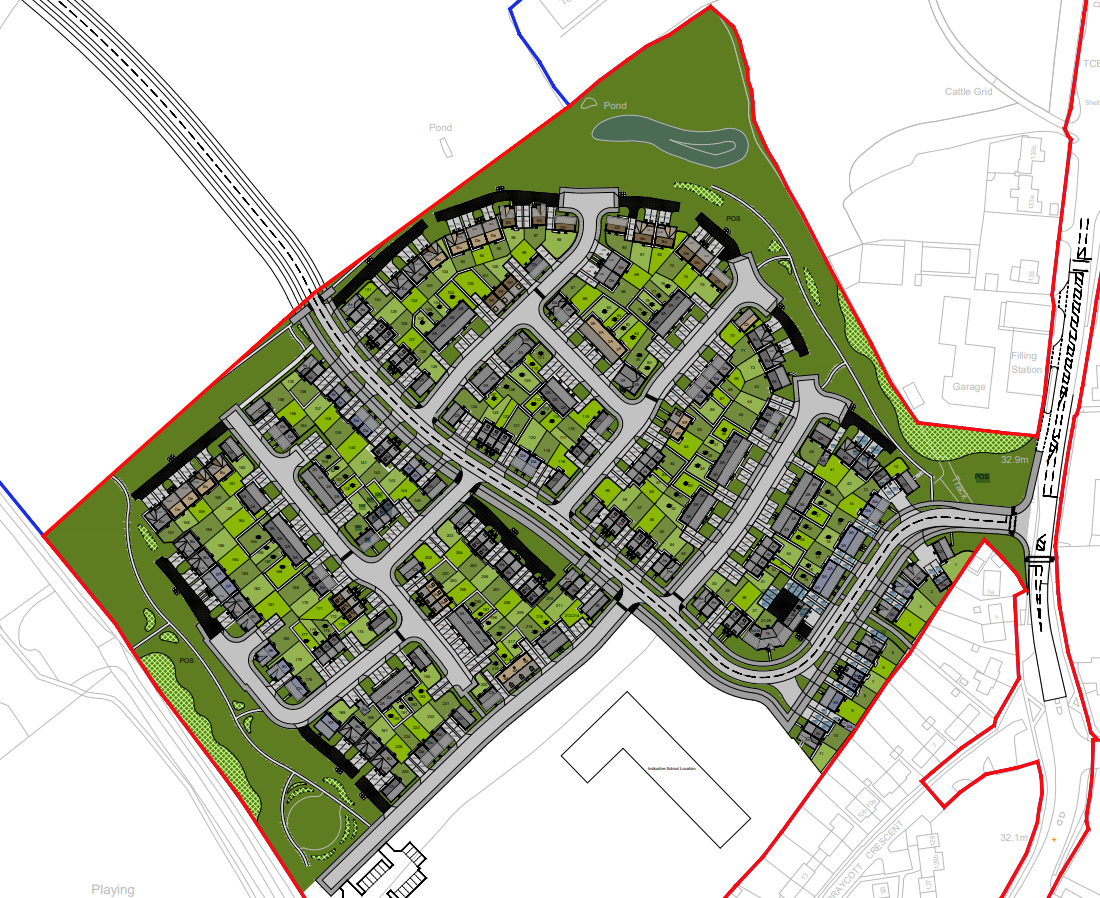 CGI ariel view of a map of a new housing estate, surrounded by green land