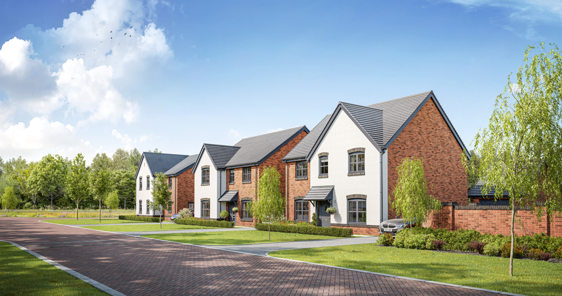 Three houses in a row on a housing estate, surrounded by trees and a pathway