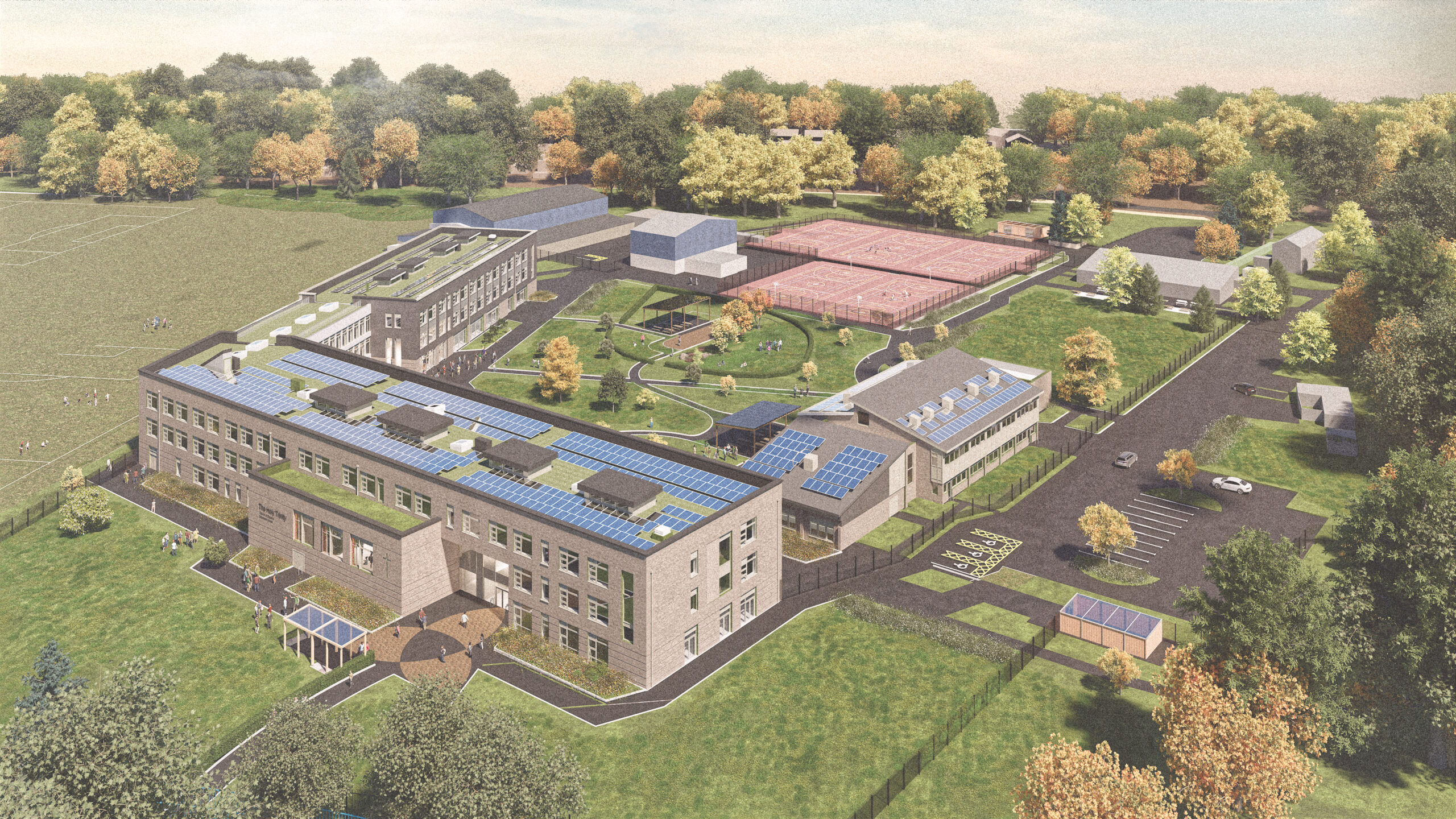 Holy Trinity C of E School Aerial Shot surrounded by greenery and trees