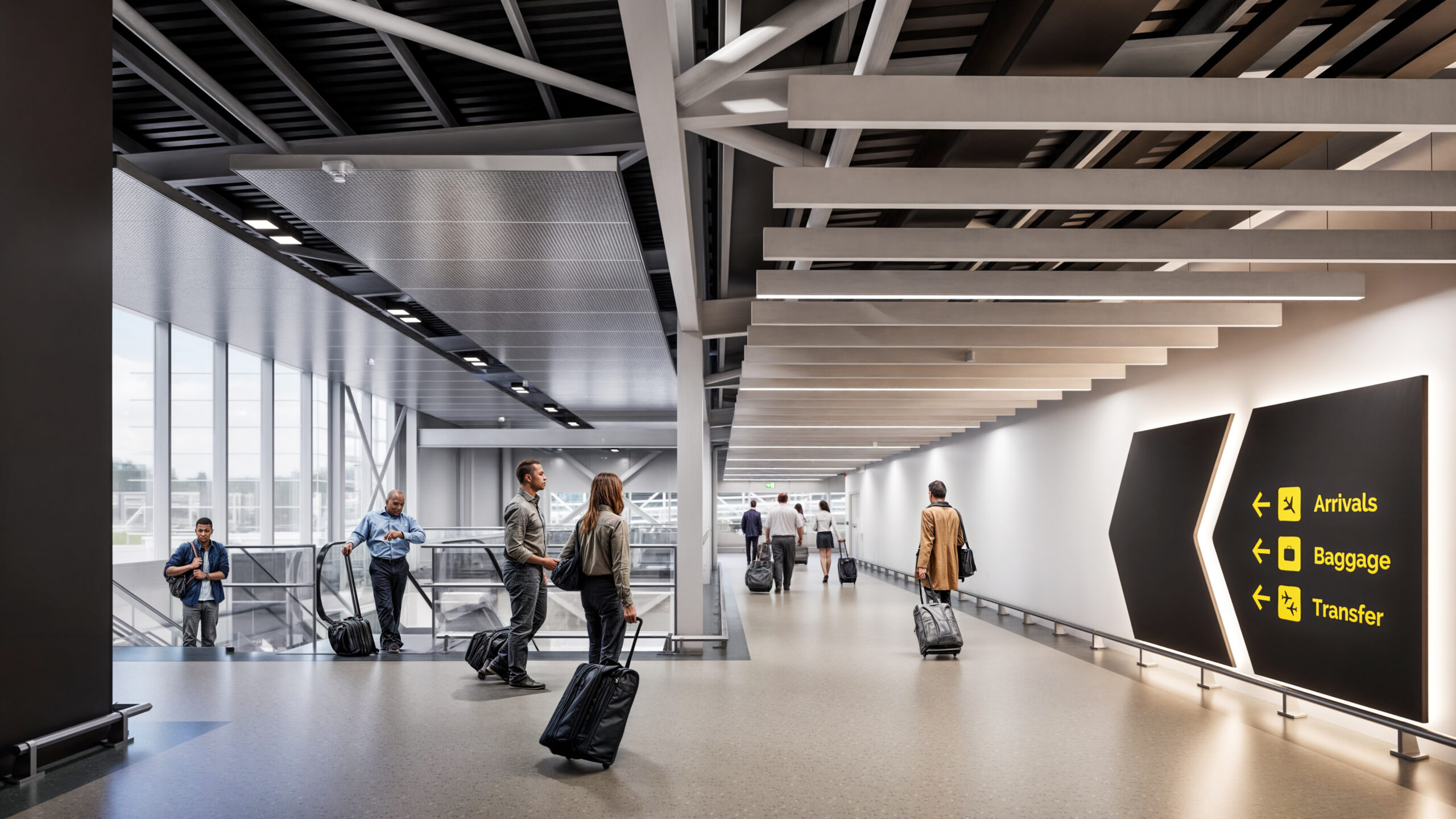 The interior of an airport with passengers walking with their suitcases along the corridor from the escalator