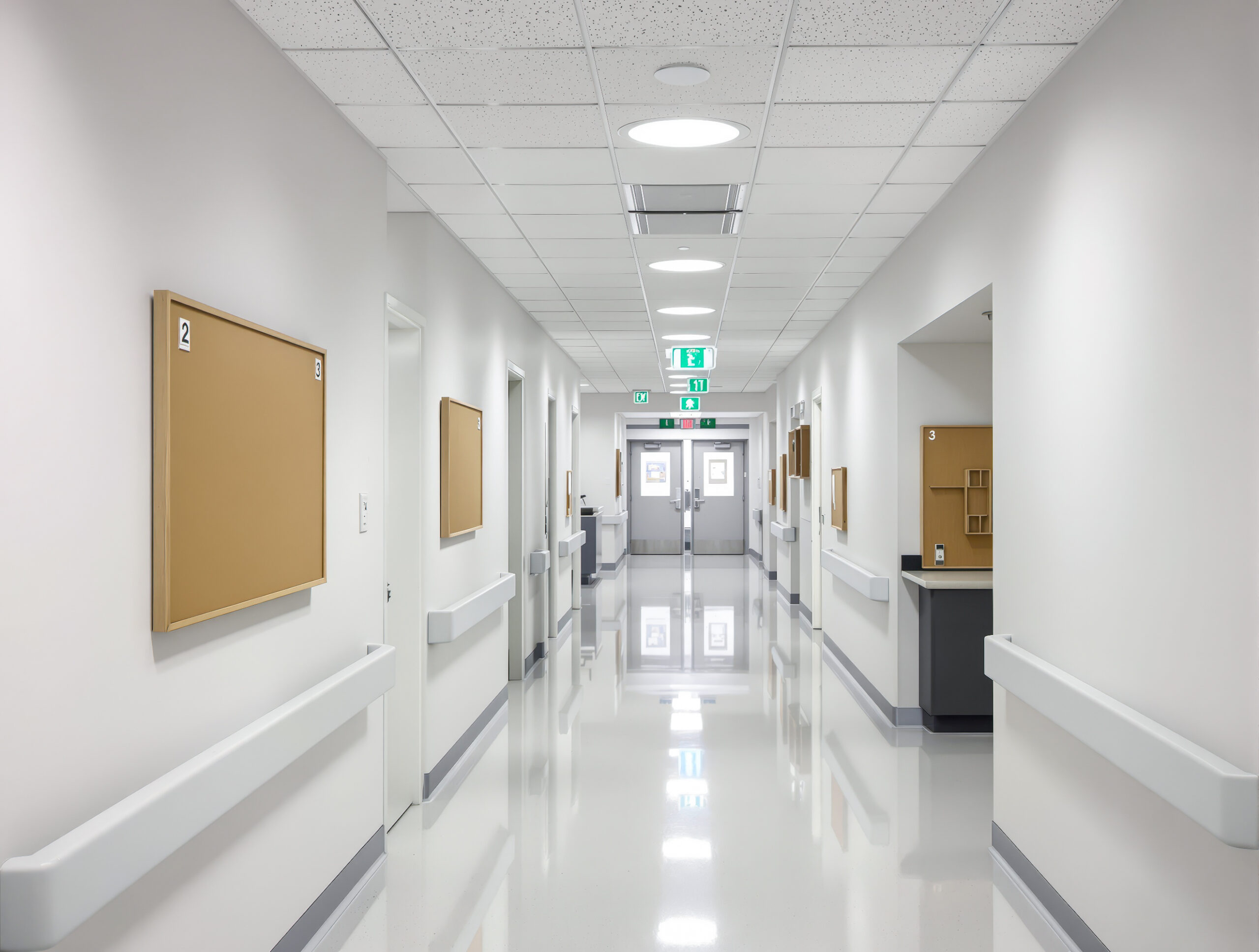 showcases a clean brightly lit hospital corridor with a polished floor that reflects the ceiling lights. the walls are painted in a calming white and muted beige notice boards are on the walls creating a peaceful and sterile atmosphere with notice boards