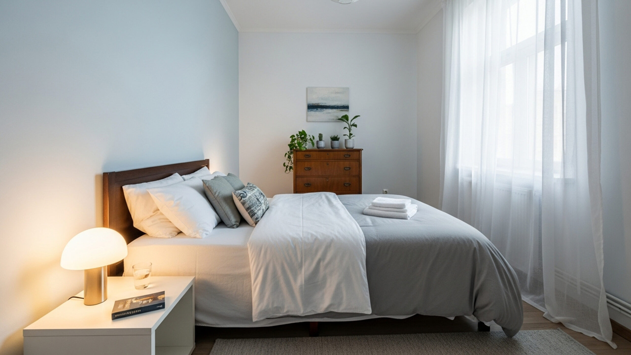 A bright modern bedroom with white bedding, soft natural light from large windows, a wooden dresser with green plants, creating a peaceful and inviting atmosphere suitable for home decor and real estate marketing.