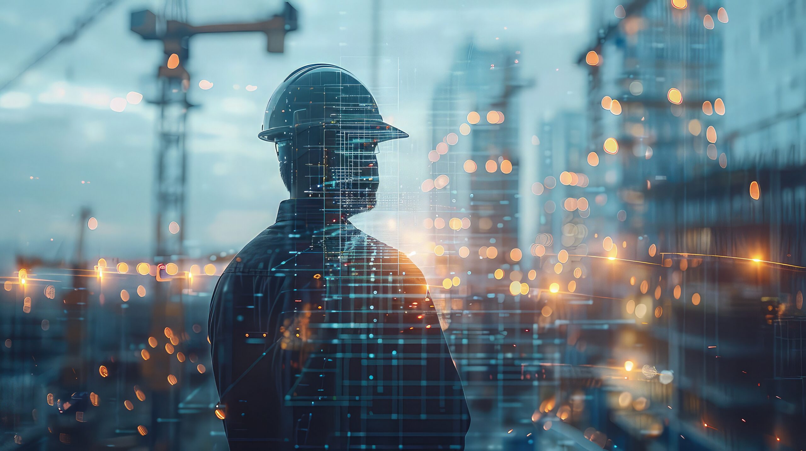 Building Construction futuristic image site showing a workman in a hard hat and a faded effect of different buildings under construction