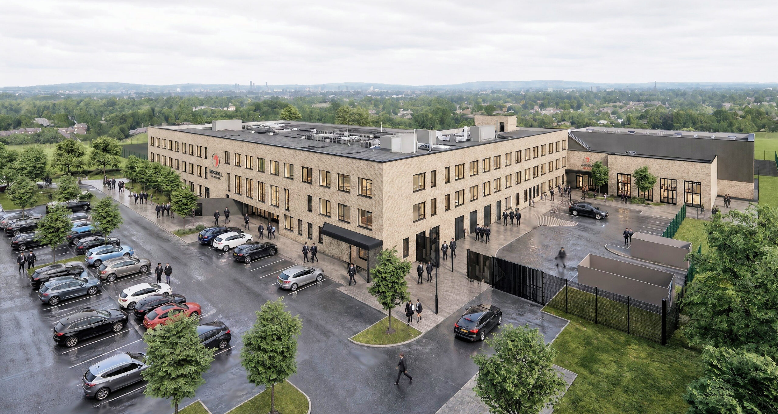 CGI Birds eye view of Bramhall High School showing car park and surrounding school field