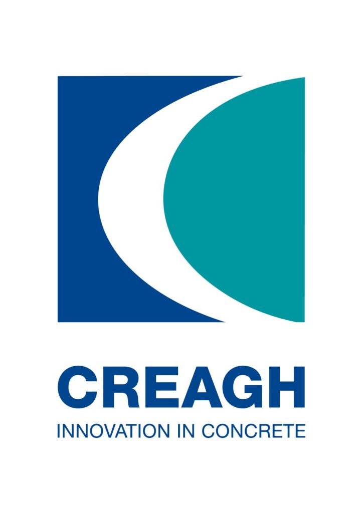 From left to right - a dark blue, white and turquoise logo design indicating 'Creagh Innovation In Concrete' in capital letters