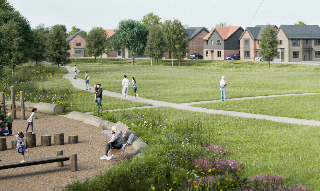 CGI of a street with a row of houses amongst a grass verge and a children's park, showing pedestrians and children playing