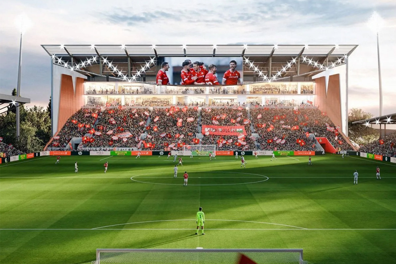 Architectural visualisation of a packed football stadium, with supporters waving red flags as players compete on the pitch beneath a large video screen